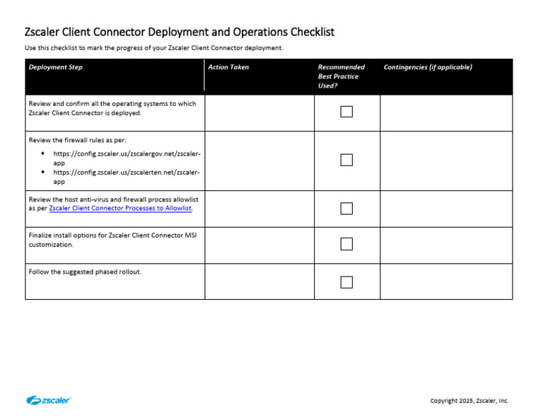 Zscaler Client Connector Deployment Operations Checklist | PDF