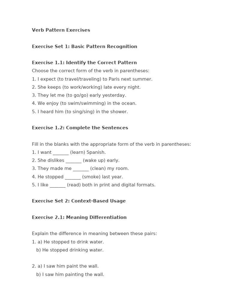 Exercises on Verb Patterns in English | PDF | Linguistics | Syntax