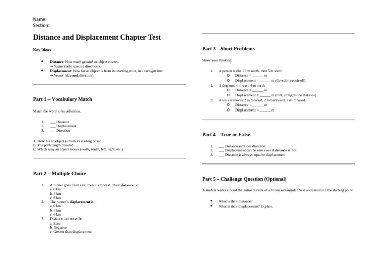 Distance and Displacement Chapter Test | PDF | Distance | Euclidean Vector