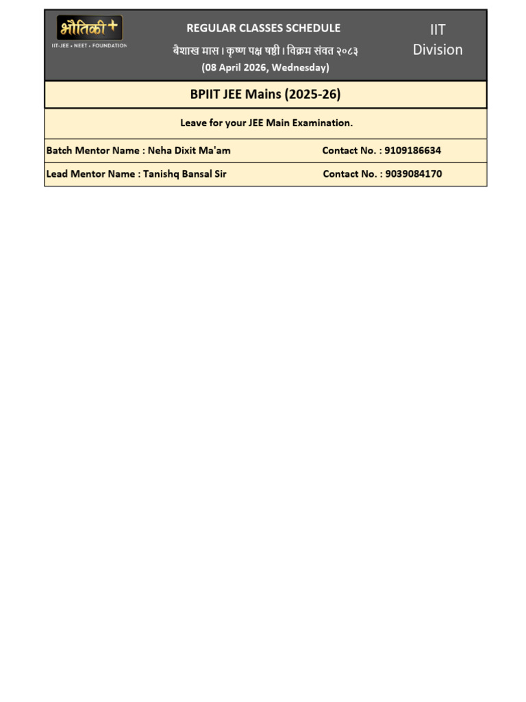 Regular Classes Schedule BPIIT JEE Mains Batch (2025-26) (08!04!2026) | PDF