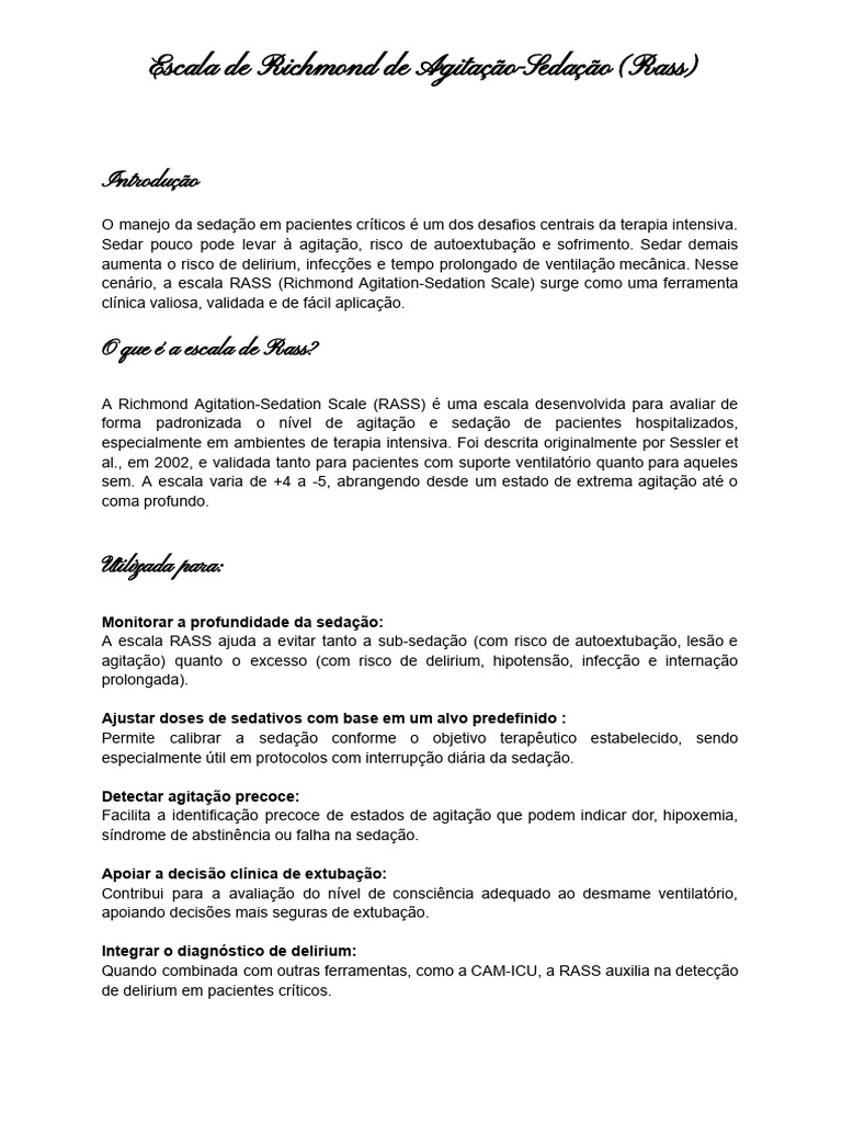 Escala de Rass | PDF | Unidade de Tratamento Intensivo (UTI) | Coma
