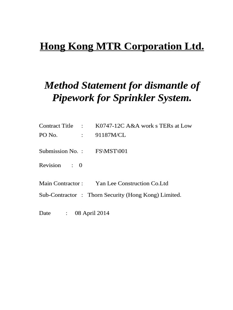 FS-MST-001 Method Statement For Dismantling Pipework For Sprinkler ...