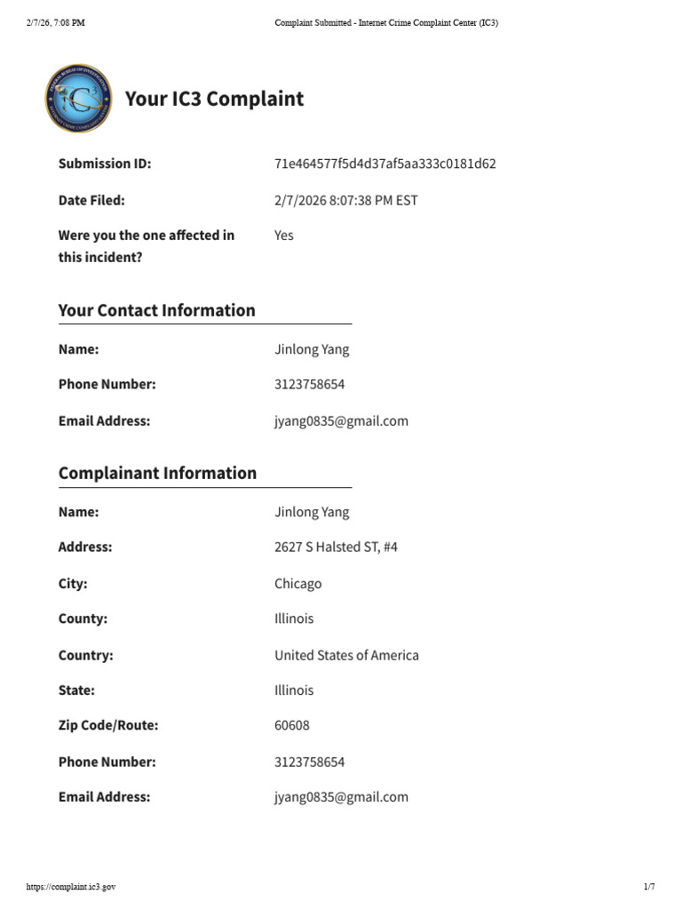Complaint Submitted - Internet Crime Complaint Center (IC3) | PDF