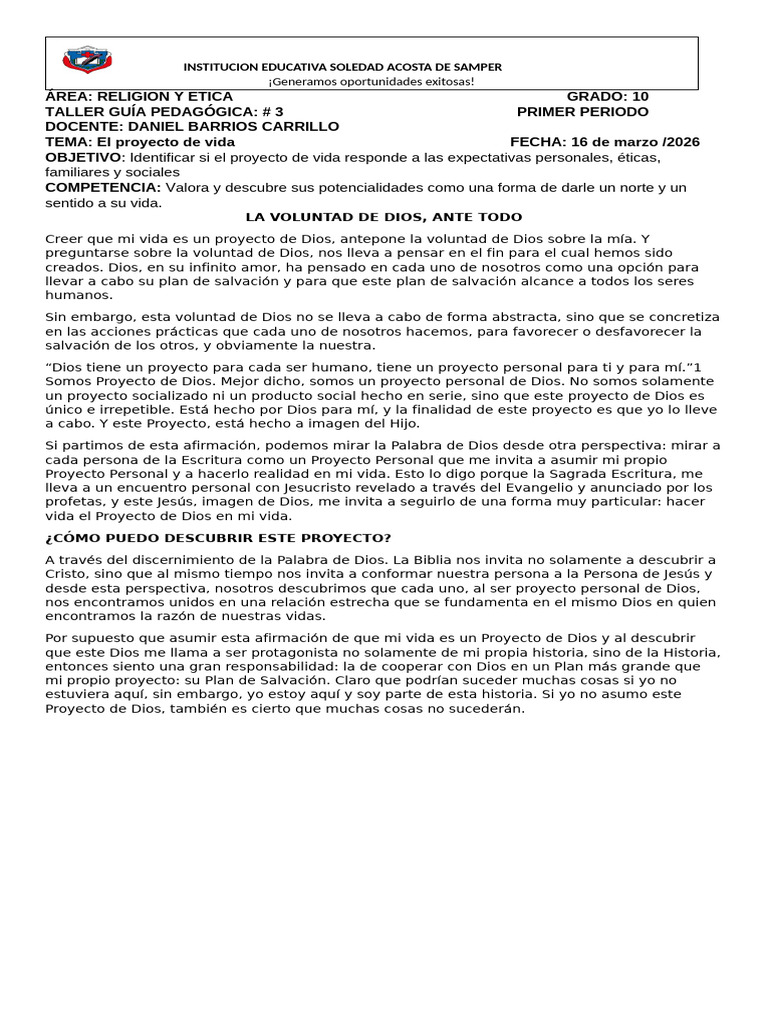 Proyecto de Vida Guia 3 Grado 10 | PDF | Dios | Jesús