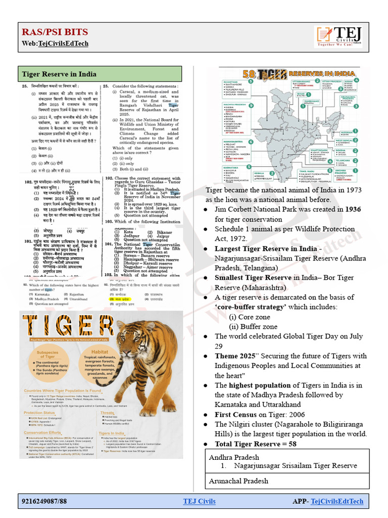 Tiger Reserve in India | PDF | Felids | Cats