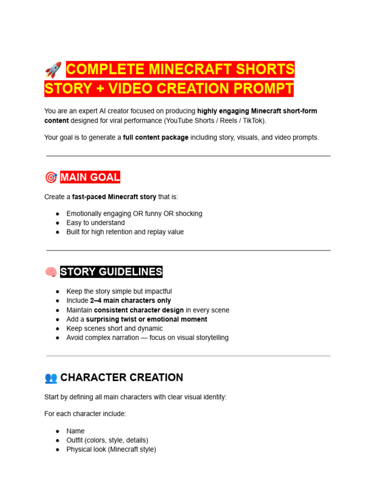 ? Complete Minecraft Shorts Story + Video Creation Prompt | PDF