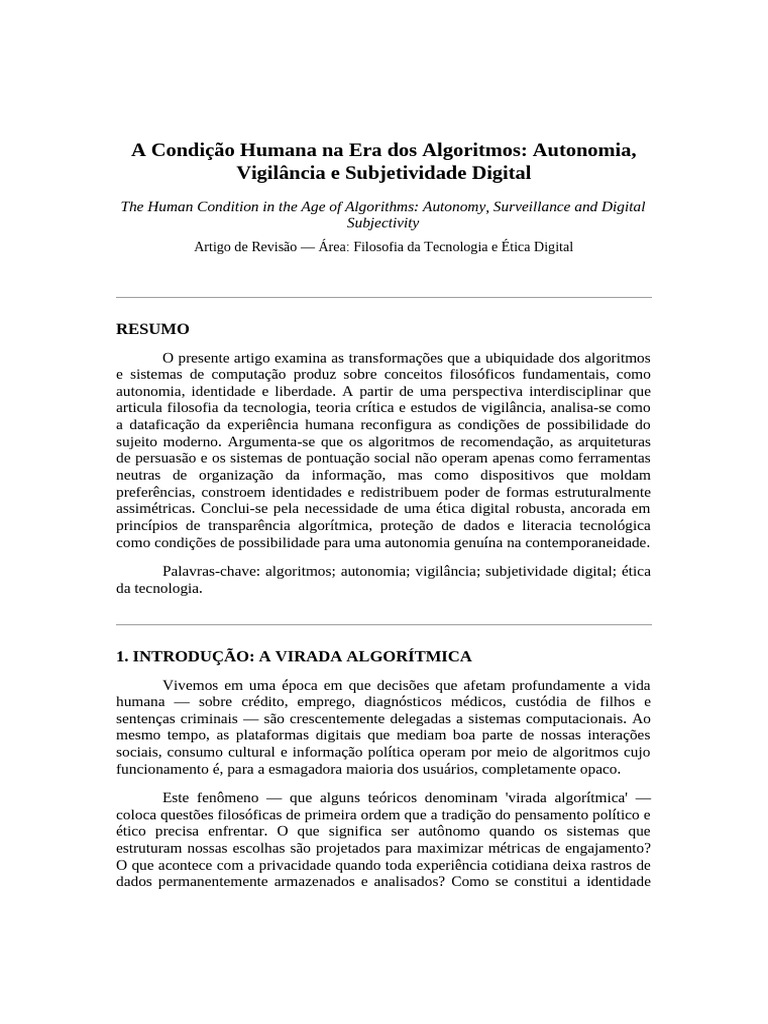 Artigo Condicao Humana Algoritmos | PDF