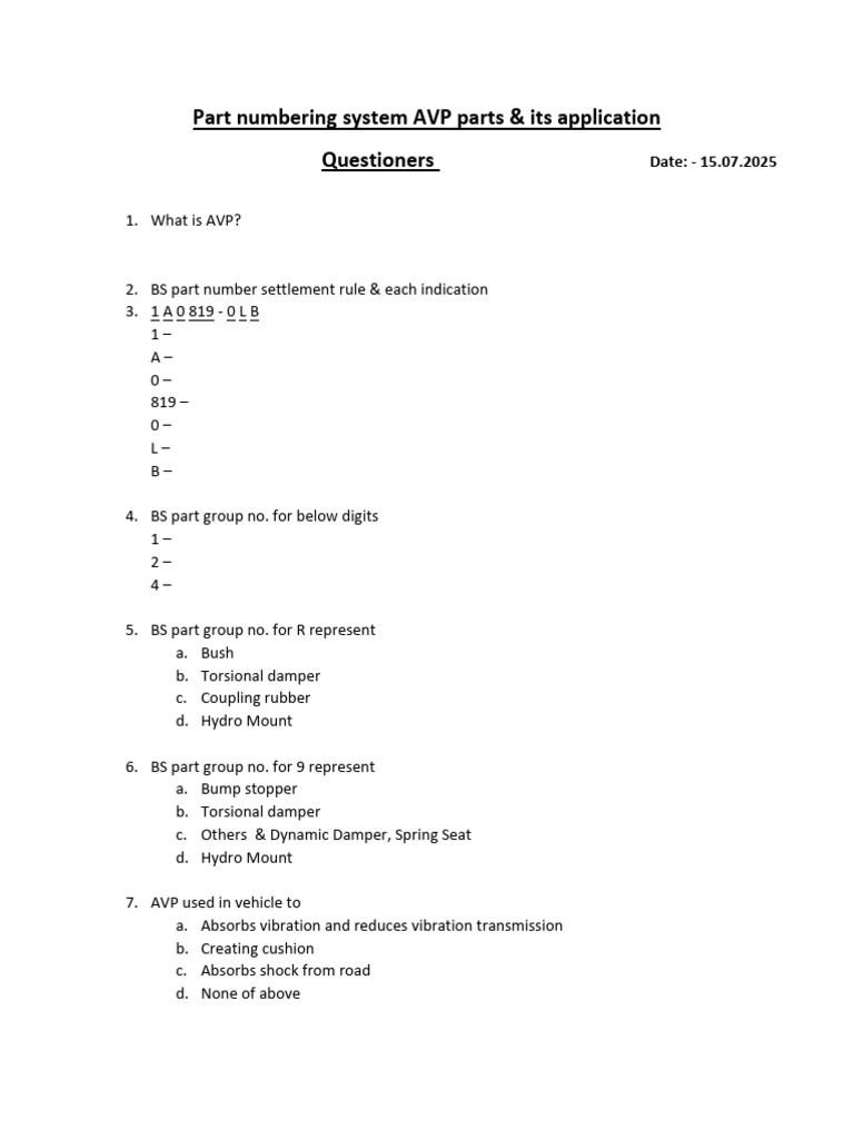 Part Numbering System AVP Parts | PDF