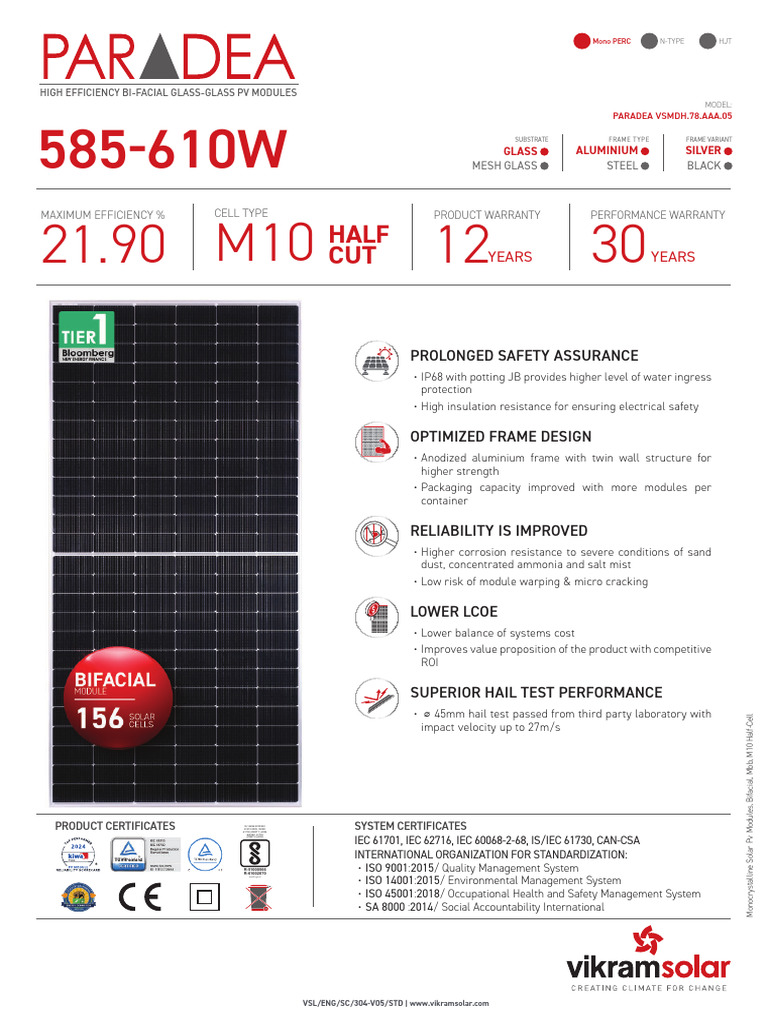 Datasheet Vikram Solar Paradea m10 Mono Perc Bifacial 585W 590W 595W ...