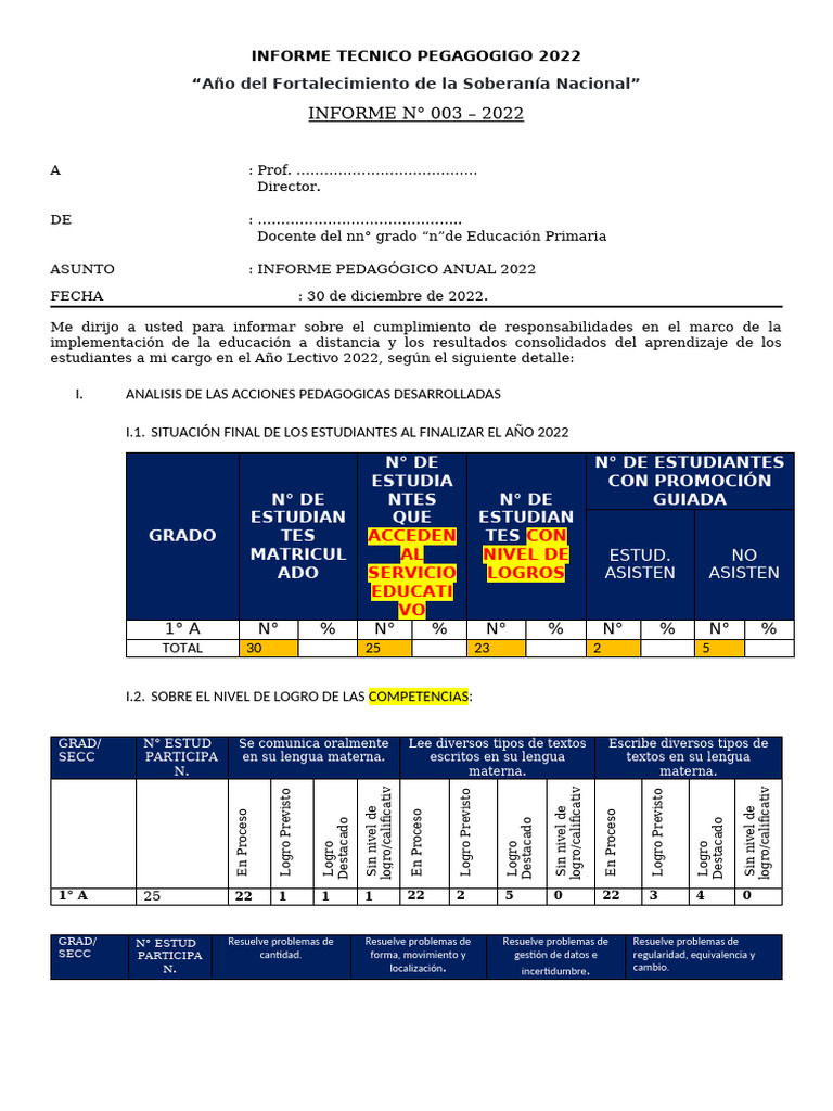 Informe Tecnico Pedagogico 2022 | PDF