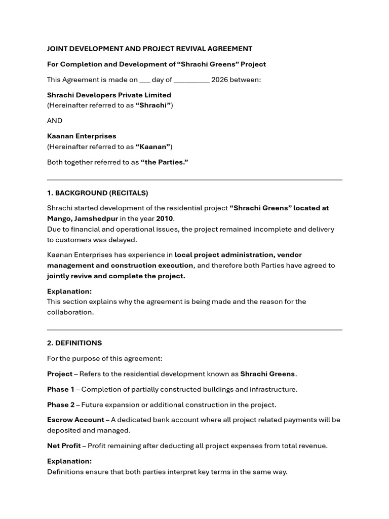 Joint Development and Project Revival Agreement | PDF | Business
