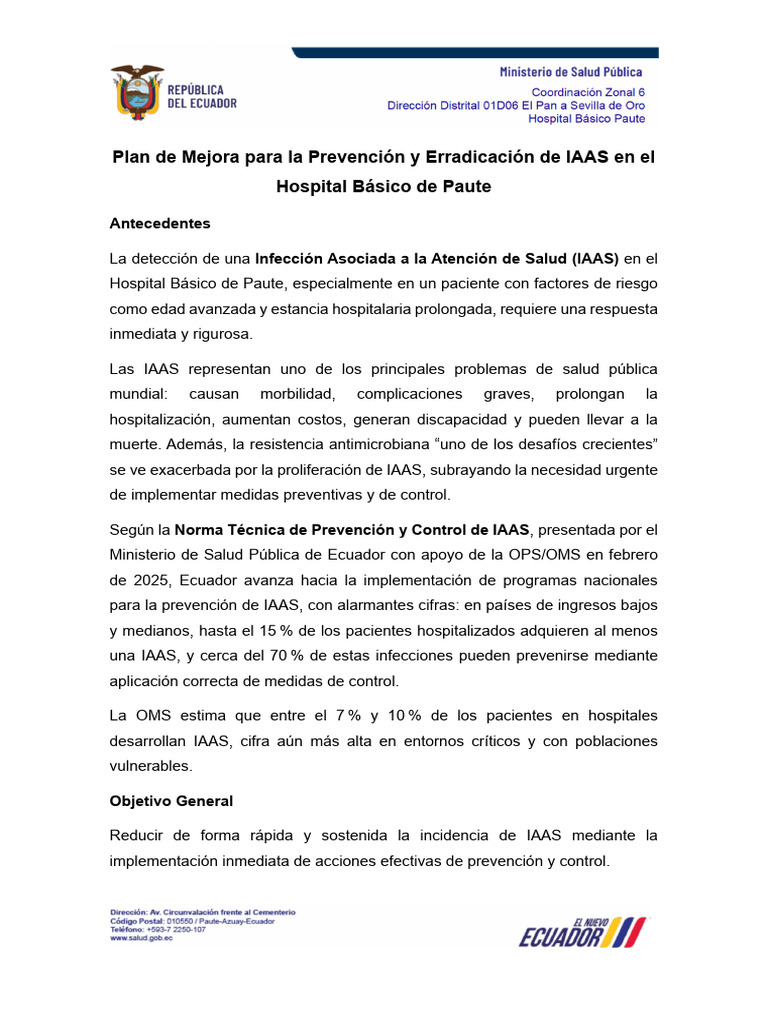Plan de Mejora para La Prevención y Erradicación de IAAS en El Hospital ...