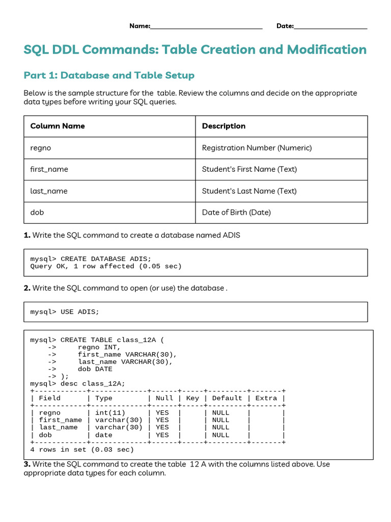 Ddl Commands in SQL Adithya.N Answers | PDF | Sql | Table (Database)