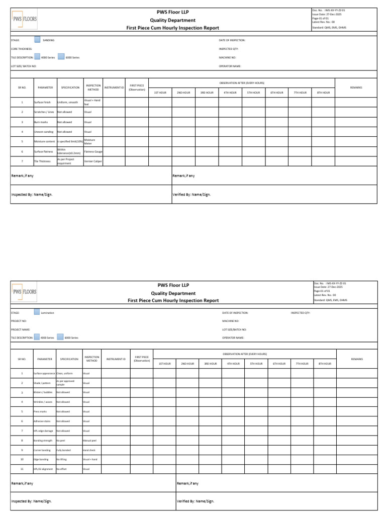 First Piece Cum Hourly Inspection Report for All Stage | PDF