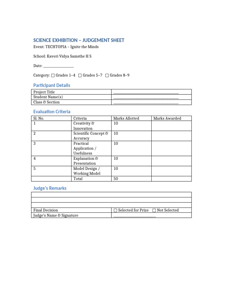 Science Exhibition Judgement Sheet Table Format | PDF