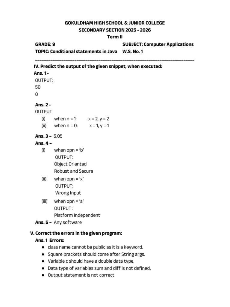 Grade 9 -Ch 7 Conditional Statements in Java -Ws 2025-2026 1 | PDF ...