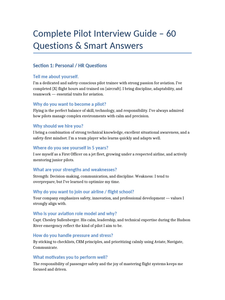 Complete Pilot Interview Questions and Answers | PDF