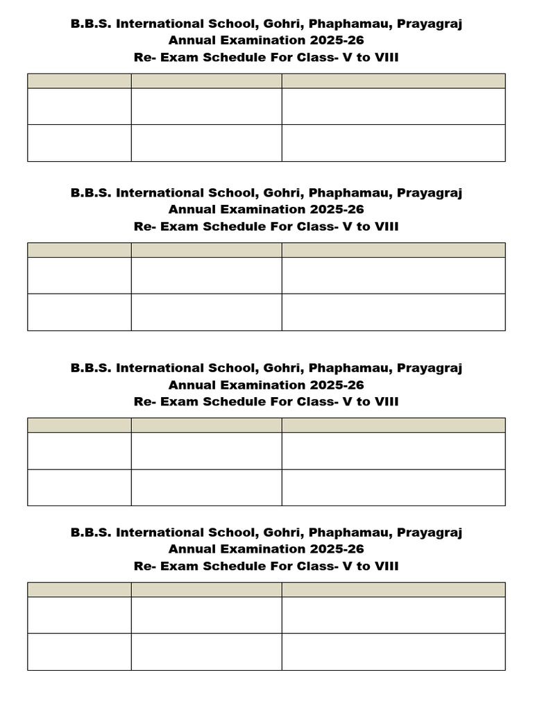 Annual Re Exam Schedule 5 to 8 | PDF