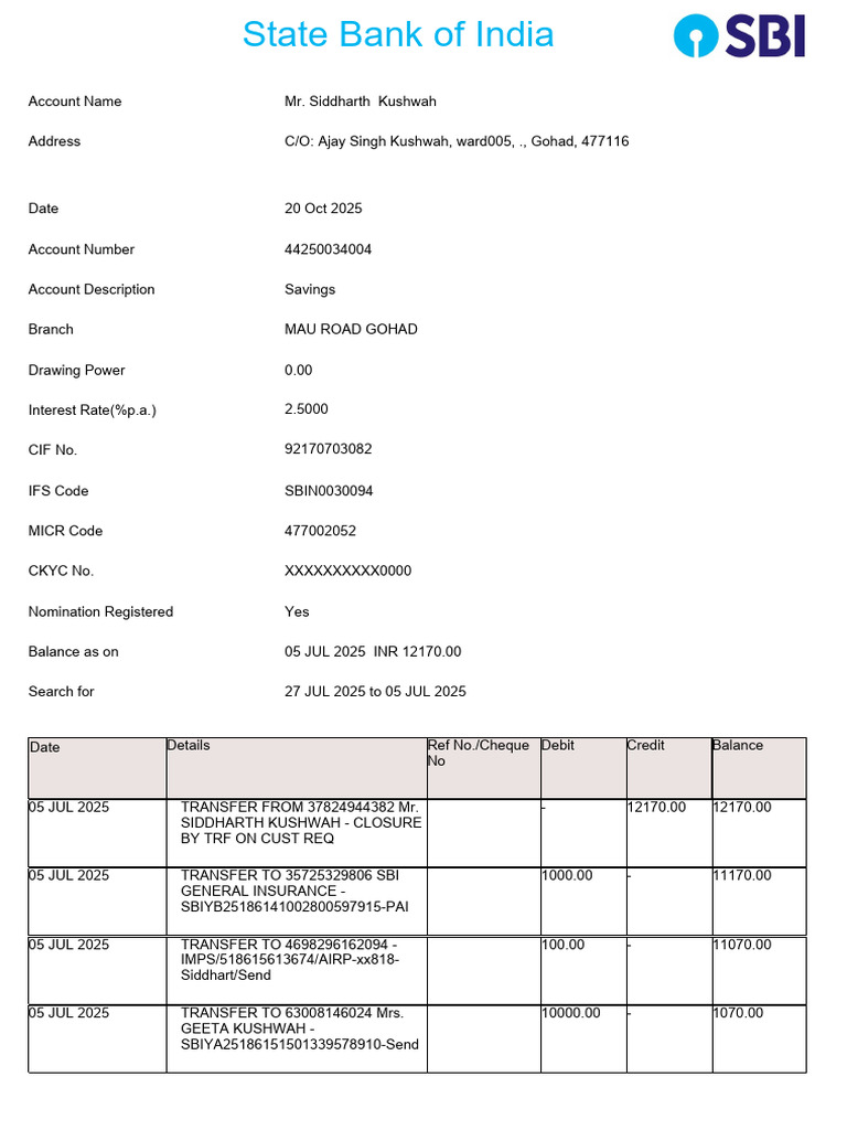 SBI Statement Siddarth | PDF | Debits And Credits | Debit Card