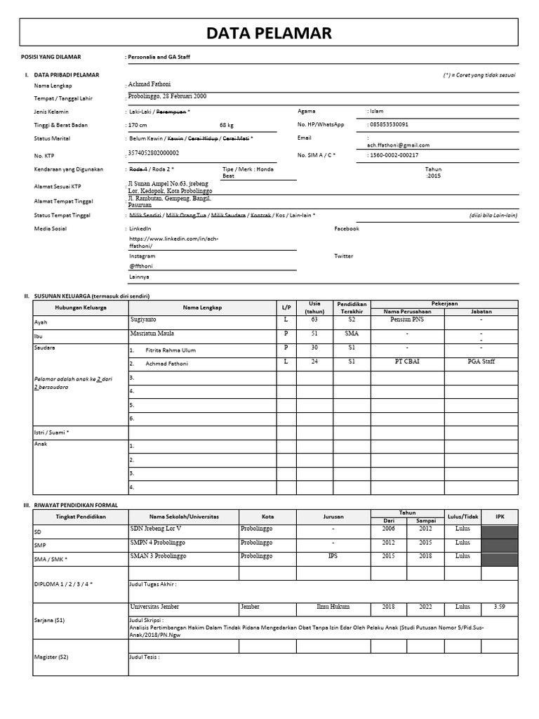 Form Sps HRD 002 02 Data Pelamar | PDF