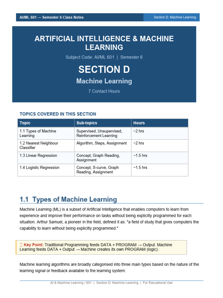 ML Section D Class Notes | PDF | Machine Learning | Artificial Intelligence