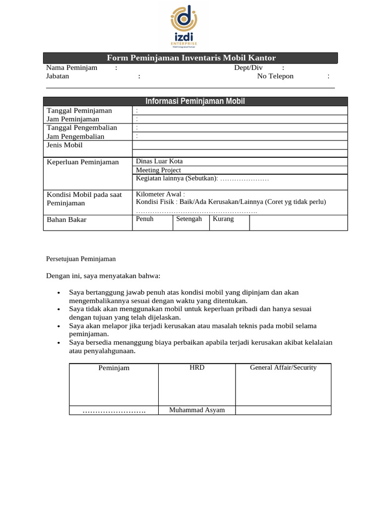 Form Peminjaman Mobil | PDF