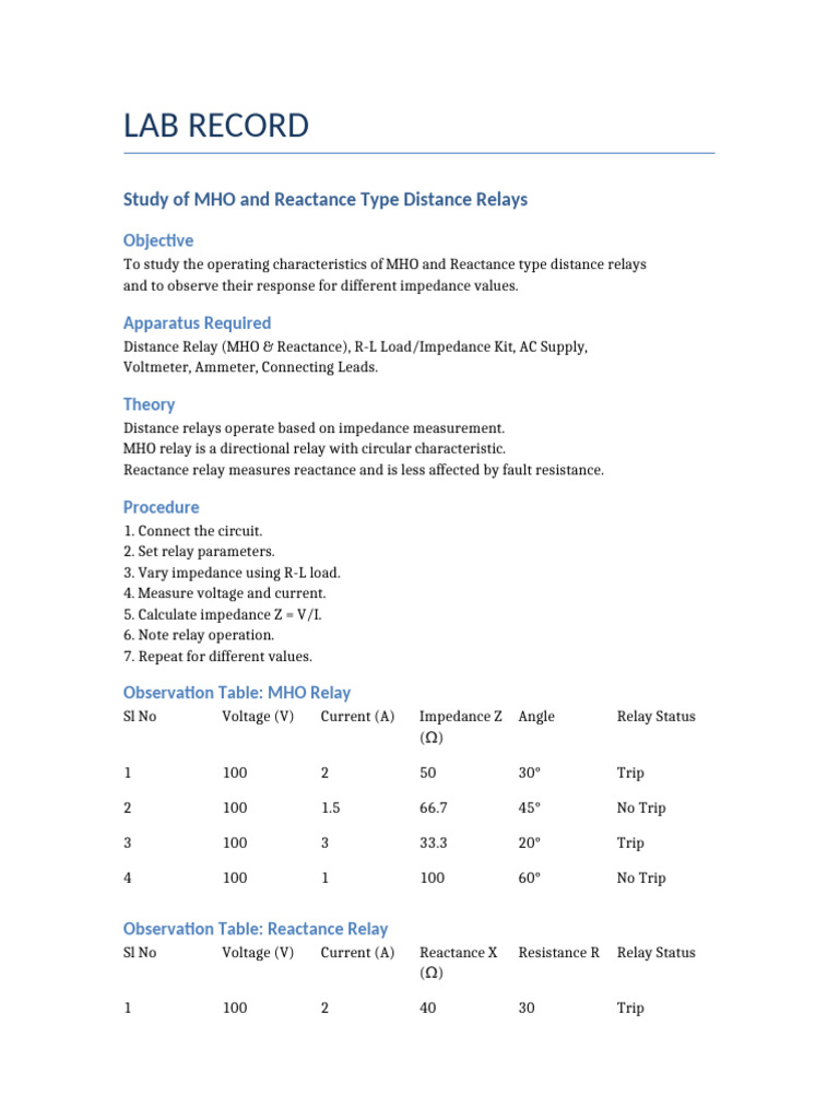 MHO Reactance Relay Lab | PDF