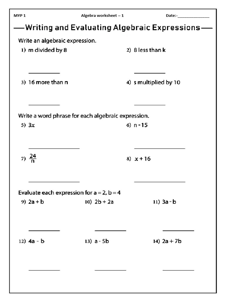 Algebra Worksheet | PDF