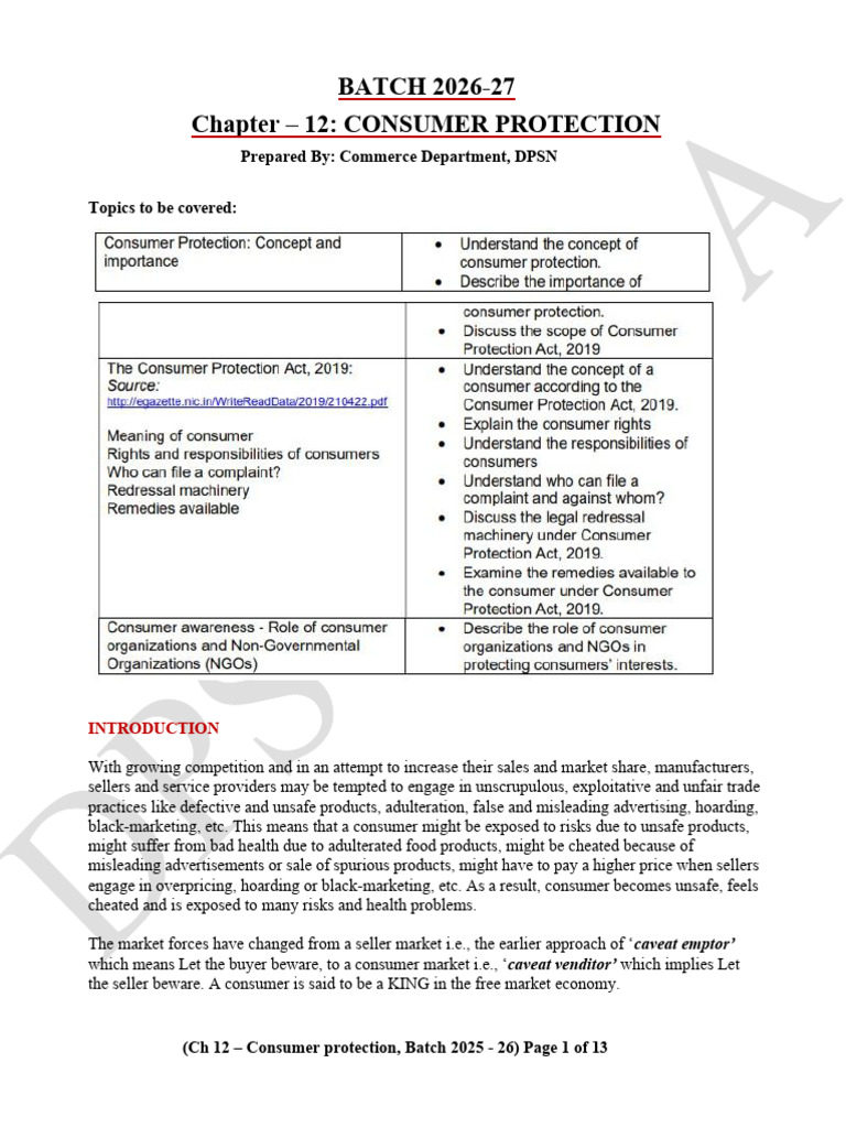 Ch 12 Consumer Protection 2026-27 | PDF | Consumer Protection | Economies
