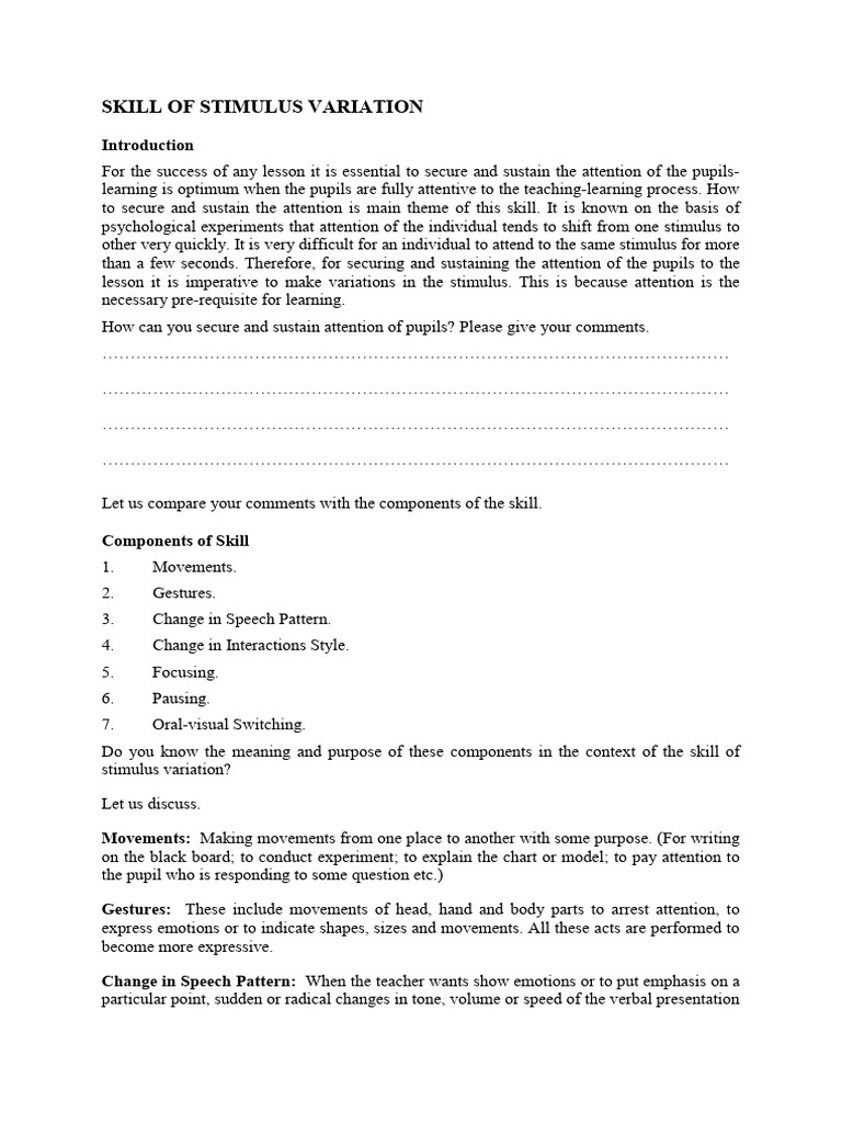 6 Skill of Stimulus Variation | PDF | Attention | Teachers