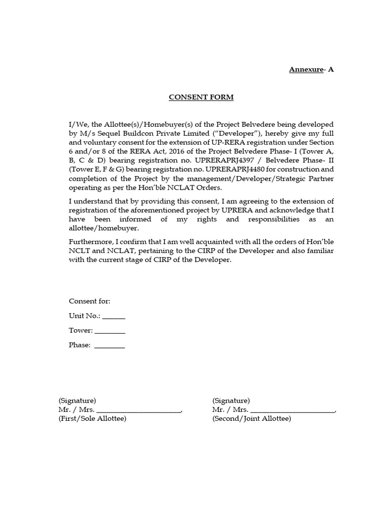 SBPL UPRERA Allottee Consent | PDF