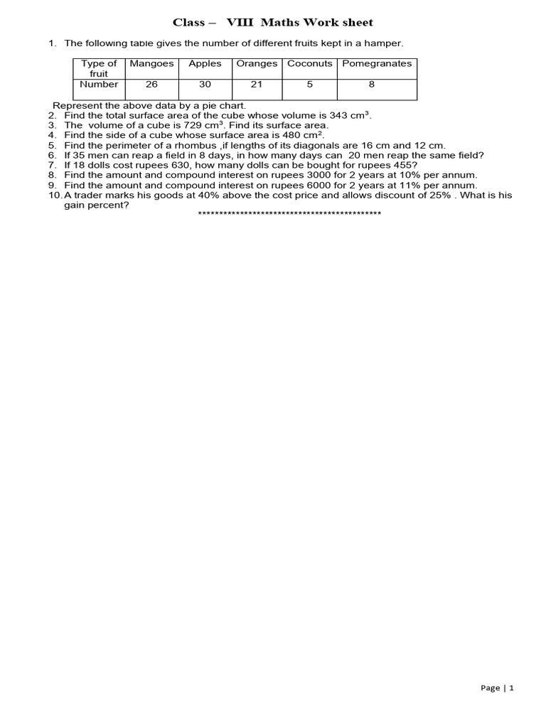 Class 8 Maths Work Sheet | PDF