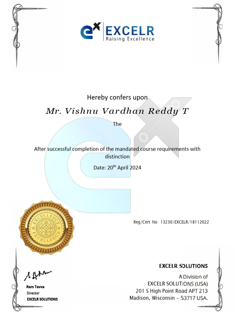 Vishnu ExcelR Certificate | PDF