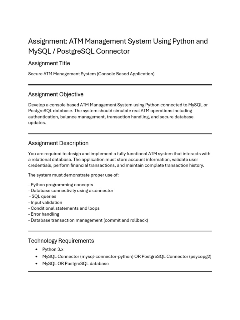 Atm Management System Assignment | PDF | Postgre Sql | Database Transaction