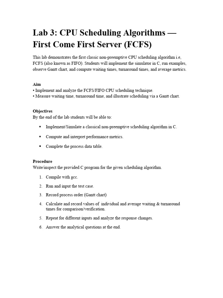 Lab 03 CPU Scheduling FCFS | PDF | Scheduling (Computing) | Software ...