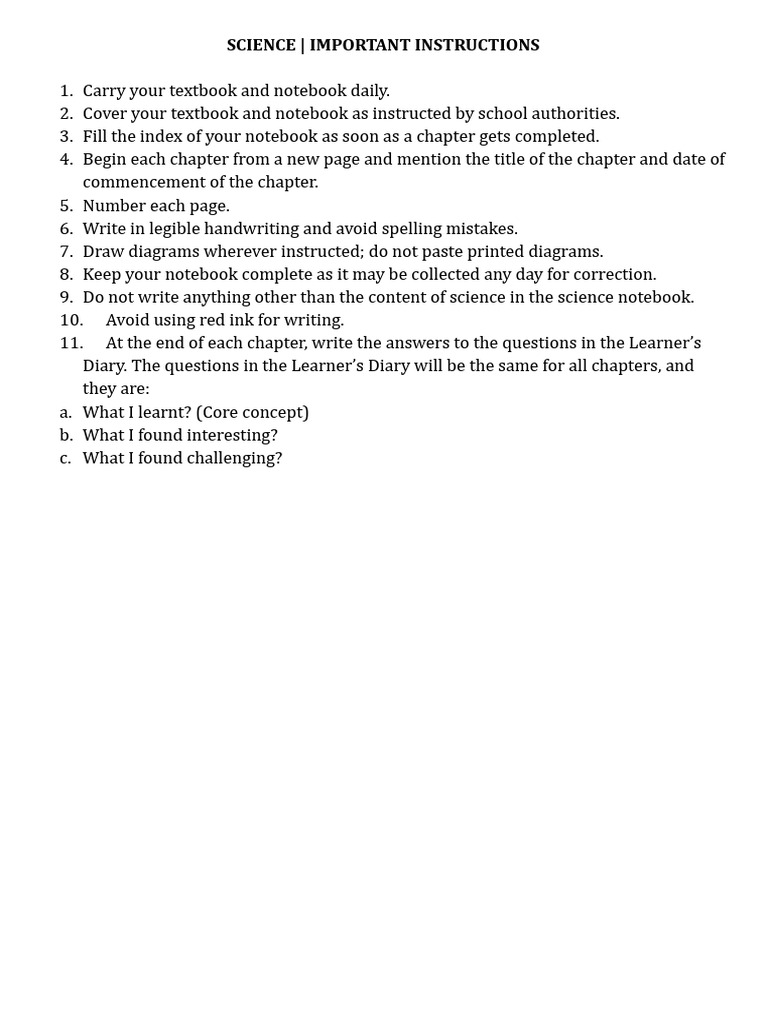 Science - Important Instructions | PDF