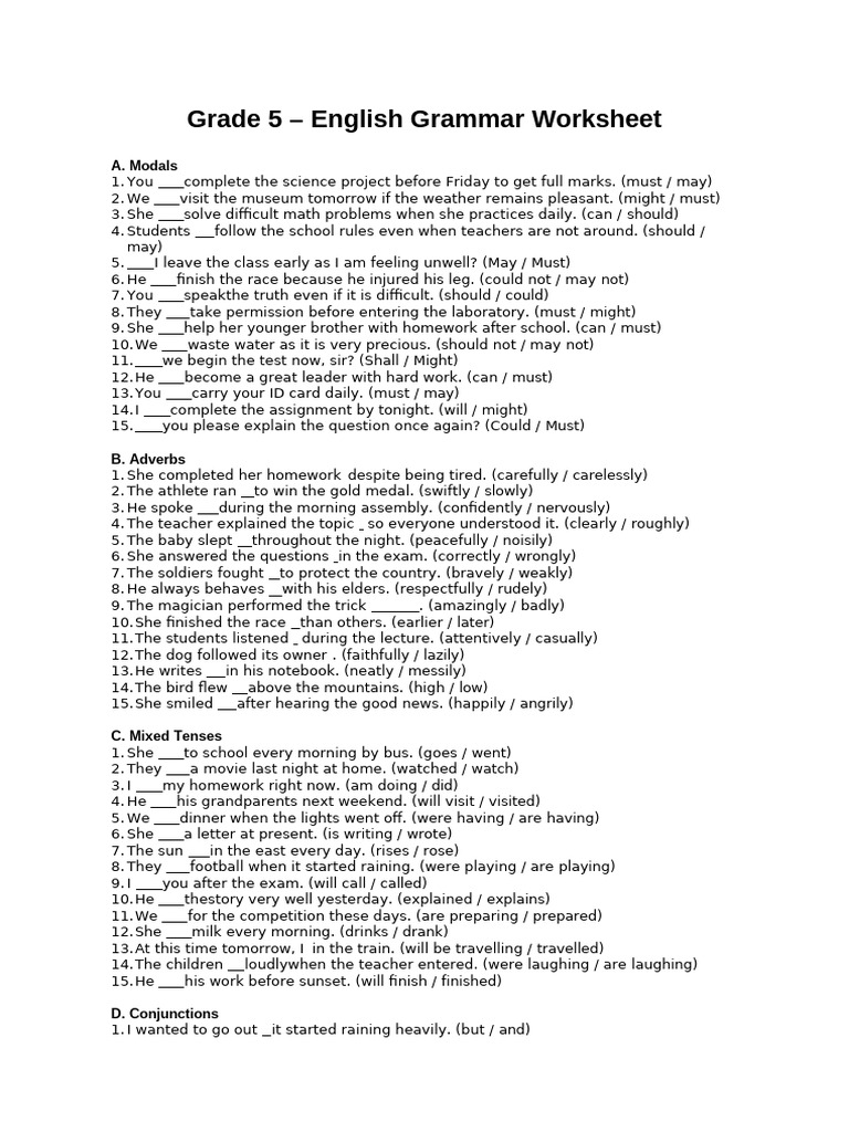 Grade 5 English Grammar Worksheet | PDF