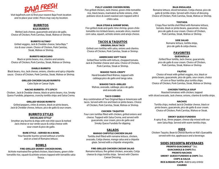 Baja Fresh Printable Menu PDF Burrito Taco