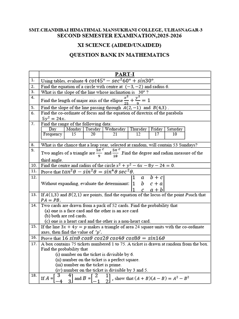 Xi Sci Question Bank 25-26 | PDF | Circle | Mathematics