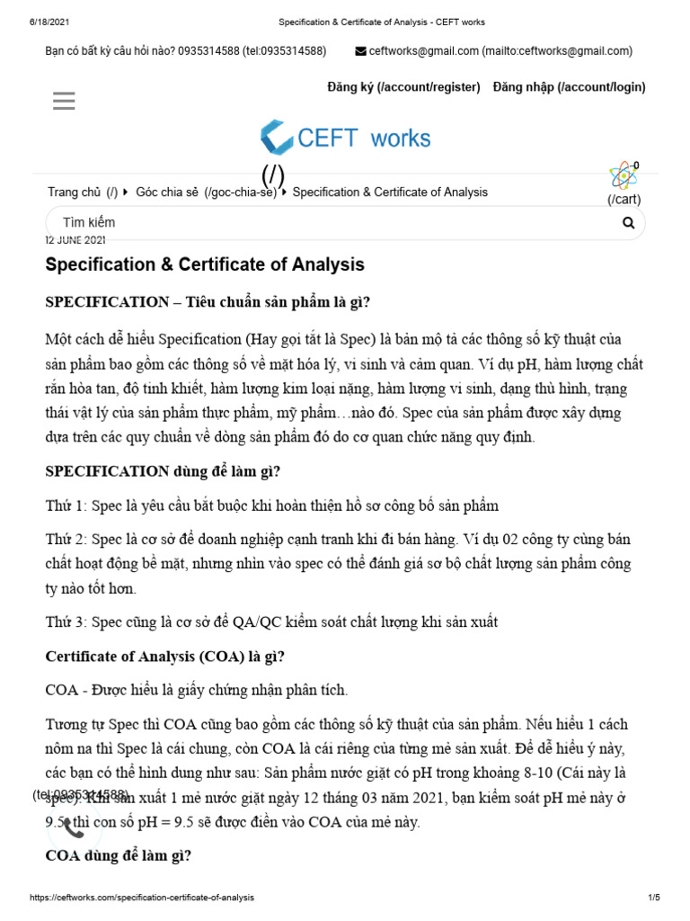Specification & Certificate of Analysis - CEFT Works | PDF