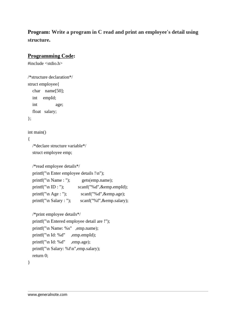 C Program to Read and Print an Employees Detail Using Structure | PDF