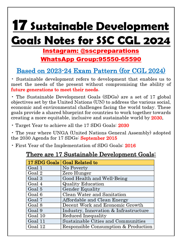 17 Sustainable Development Goals SDG Notes for SSC CGL 2024 | PDF