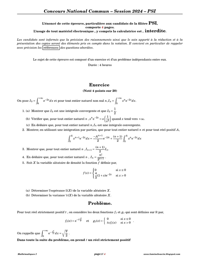 CNC PSI 2024 Math 1 | PDF | Limite (mathématiques) | Variance ...