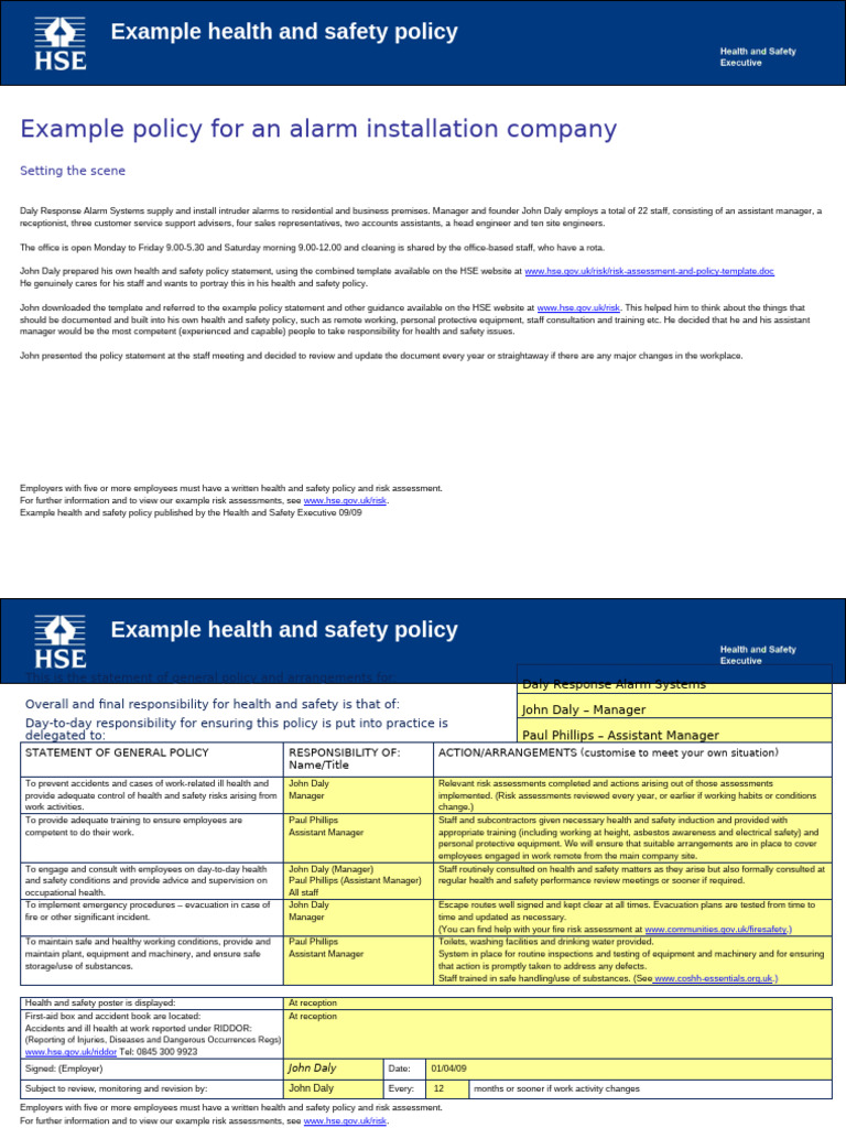 Health and Safety Policy Example | PDF | Occupational Safety And Health ...