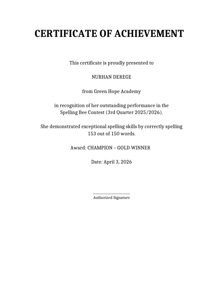 Spelling Bee Certificate | PDF