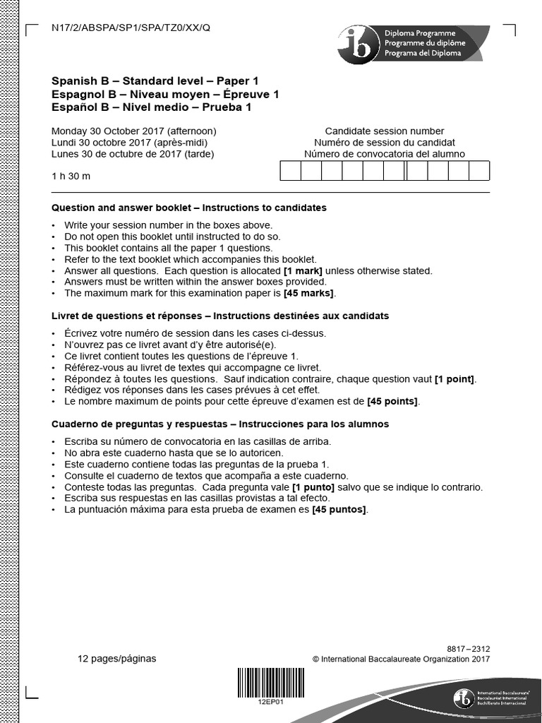 Nov Spanish B Paper 1 Question Booklet SL Spanish | PDF | Bailes | Ropa