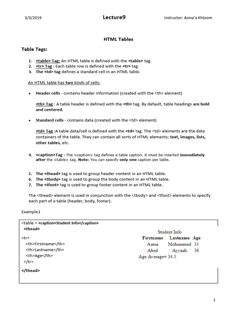 Lecture8- HTML Tables Part1 | PDF