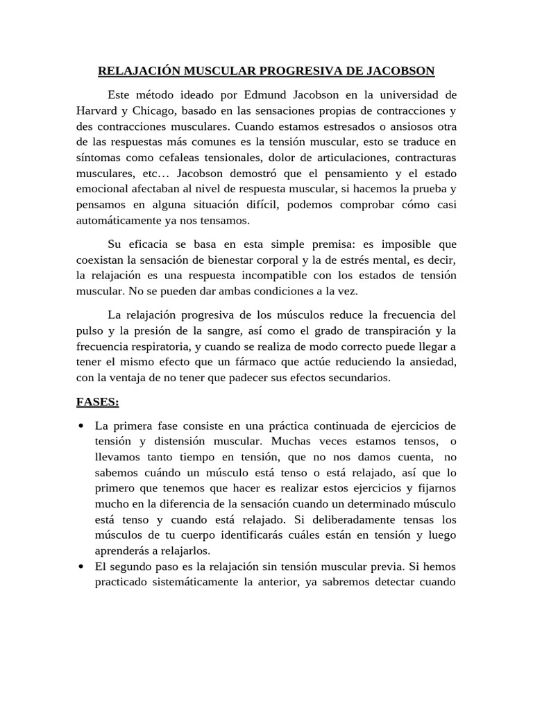 RELAJACIÓN MUSCULAR PROGRESIVA DE JACOBSON | PDF