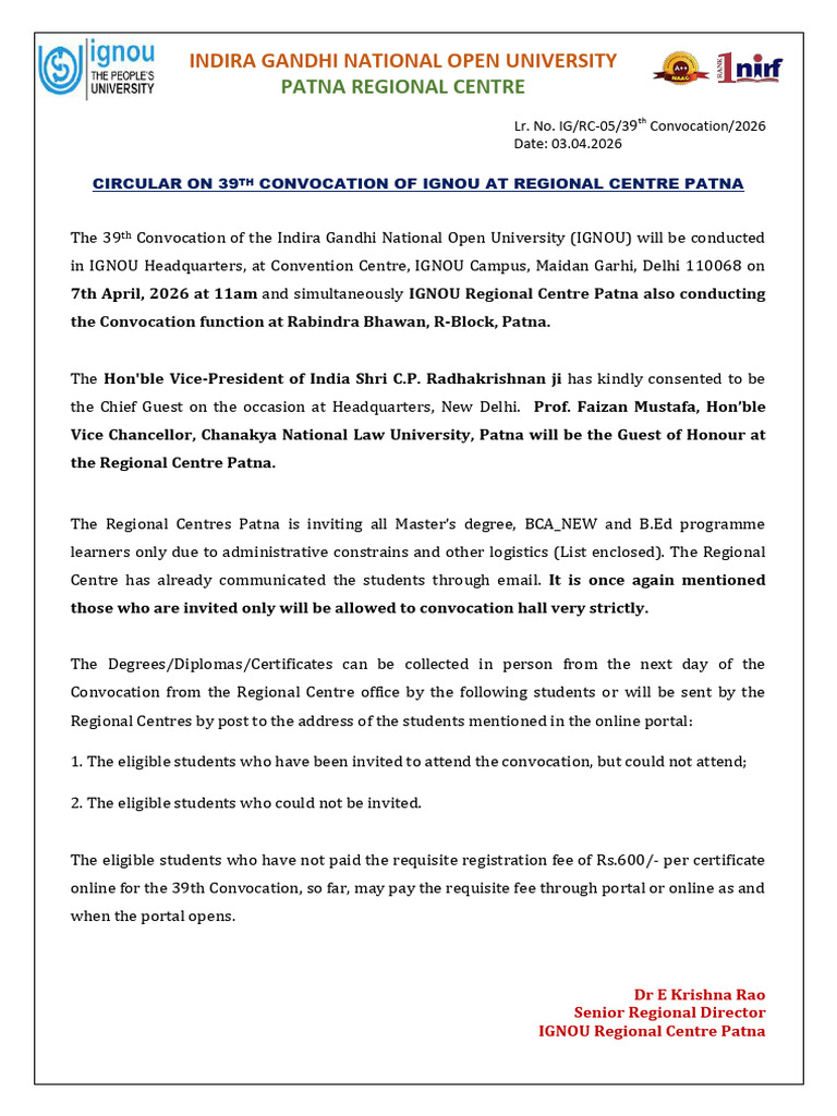 Circular on 39th Convocation at RC Patna | PDF