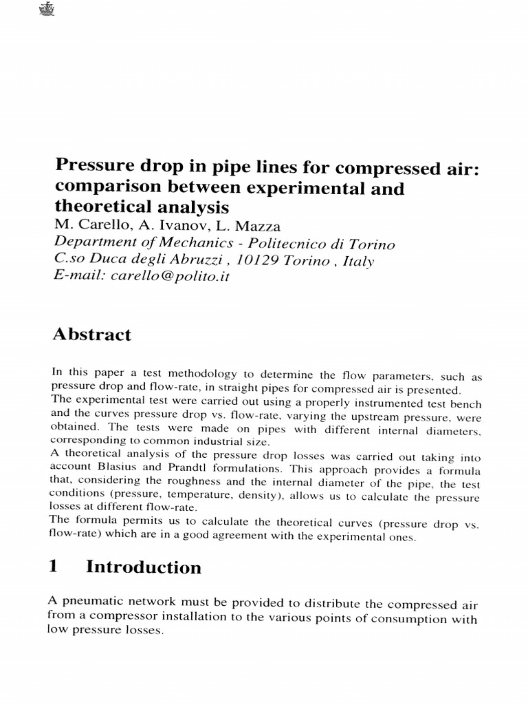 Pressure Drop in Pipe Lines For Compressed Air - Comparison Between ...